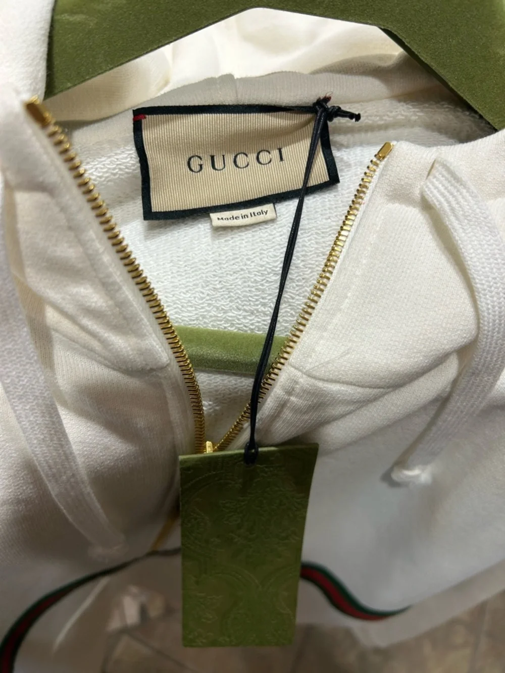Men's Gucci cotton half zip hoodie signature green/red web trim gold size XXL